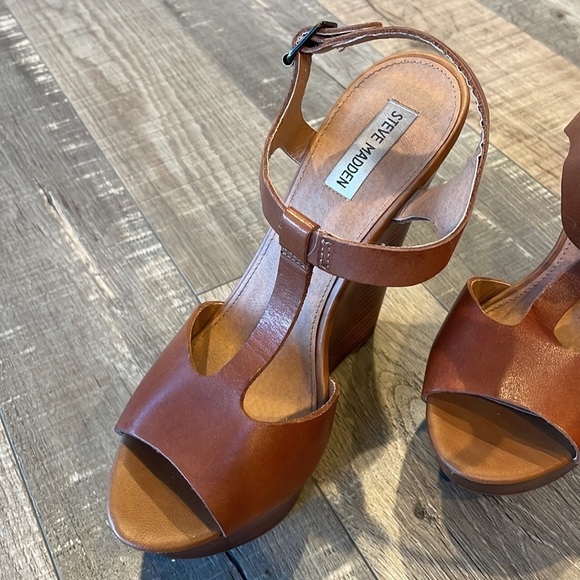 Steve Madden brown leather T strap open toe wood platform sandals size 10 - Picture 2 of 10